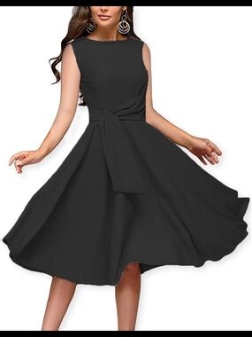 Fenjar Classic Black Sleeveless Midi Dress with Waist Tie Accent